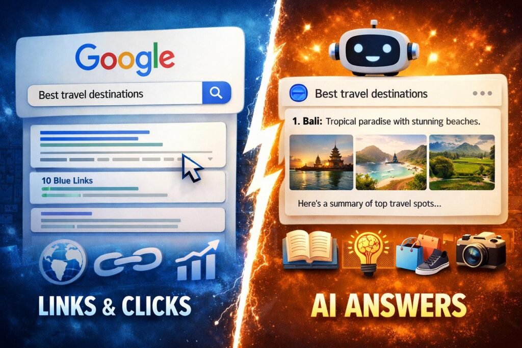 Traditional SEO compared with AI-powered search results