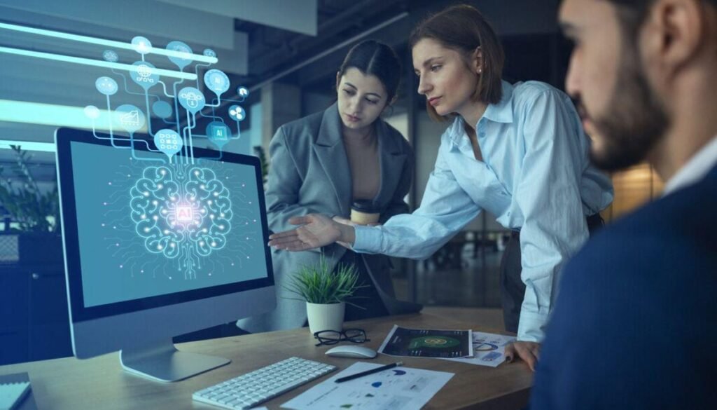 Employees discussing the impact of AI on future jobs