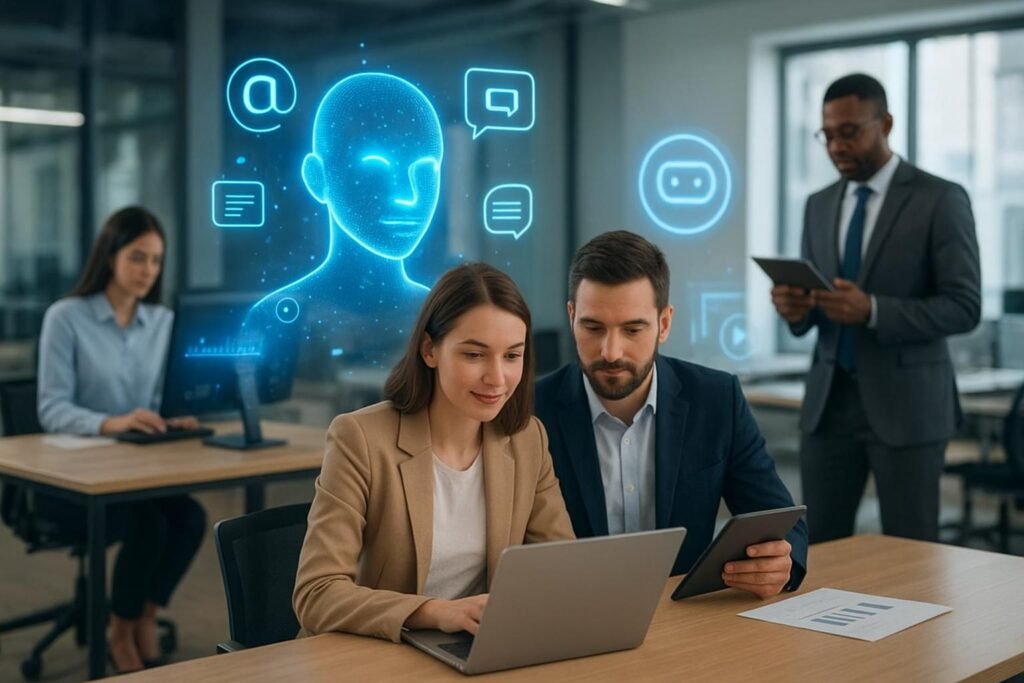 Human professionals working alongside AI technology
